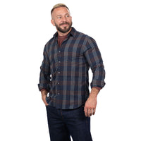 "SYLVESTER" - Navy Blue & Mocha Plaid Brushed Cotton Shirt - Made In USA