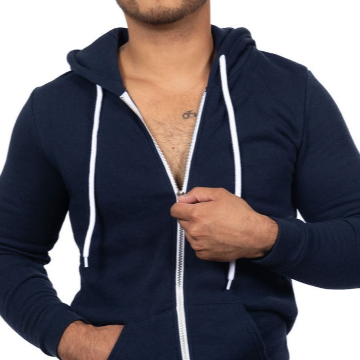 40% OFF AFTER CODE NEW FALL: Solid True Navy Blue Full Zip Hooded Fleece Sweatshirt - Made in USA