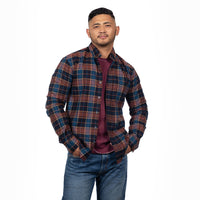 "TENNANT" - Blue, Burgundy & Copper Plaid Brushed Cotton Shirt - Made In USA