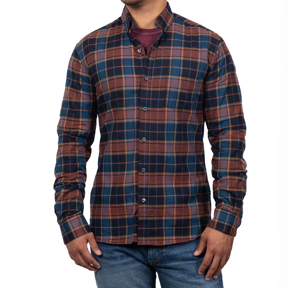 TENNANT Brushed Cotton Long Sleeve Shirt in Blue, Burgundy &amp; Copper Plaid