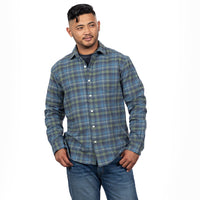 "VAUGHN" - Tonal Blue & Olive Green Flannel Plaid Shirt - Made In USA