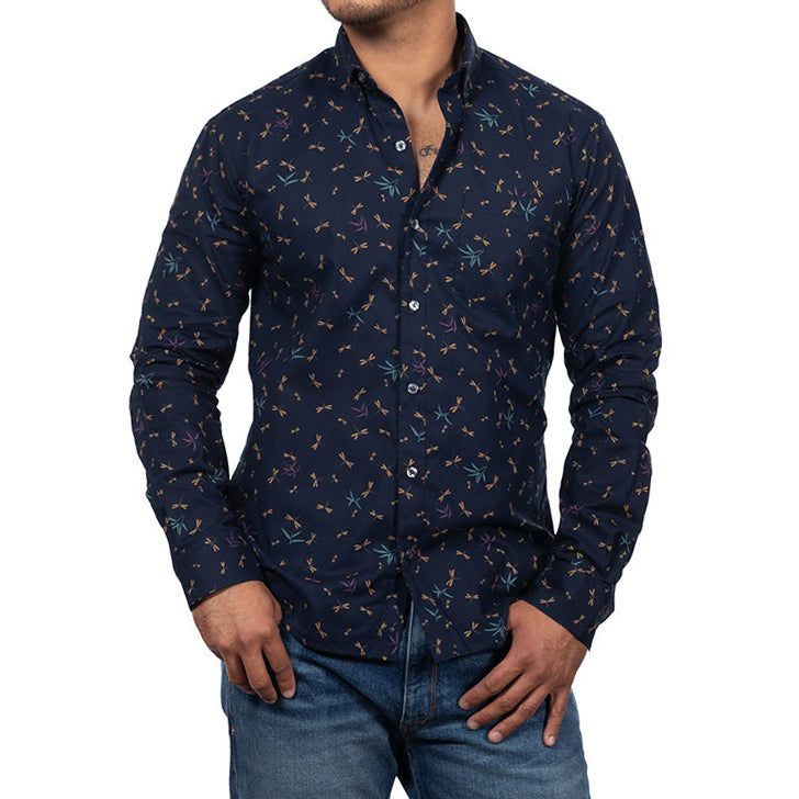STEELE Long Sleeve Shirt in Navy Blue Traditional Japanese Dragonfly Print