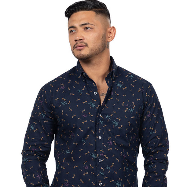 50% OFF AFTER CODE WOW25: "STEELE" - Navy Blue Dragonfly Traditional Japanese Print Shirt - Made In USA
