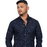 STEELE Long Sleeve Shirt in Navy Blue Traditional Japanese Dragonfly Print