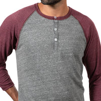 75% OFF AFTER CODE:WOW25 Burgundy & Heather Grey Contrast 3/4 Raglan Sleeve Tri-Blend Henley - Made In USA