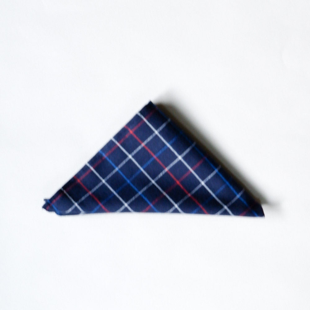Navy, Red & White Plaid Brushed Cotton Pocket Square