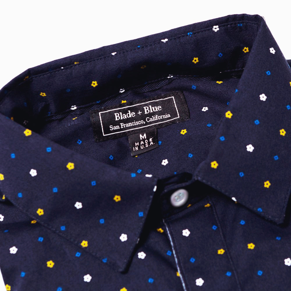"MOSER" - Navy Blue Mini Japanese Flower Print Shirt - Made In USA