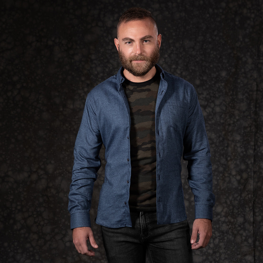 "GAVIN" - Indigo Blue Melange Brushed Cotton Shirt - Made In USA
