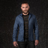 "GAVIN" - Indigo Blue Melange Brushed Cotton Shirt - Made In USA