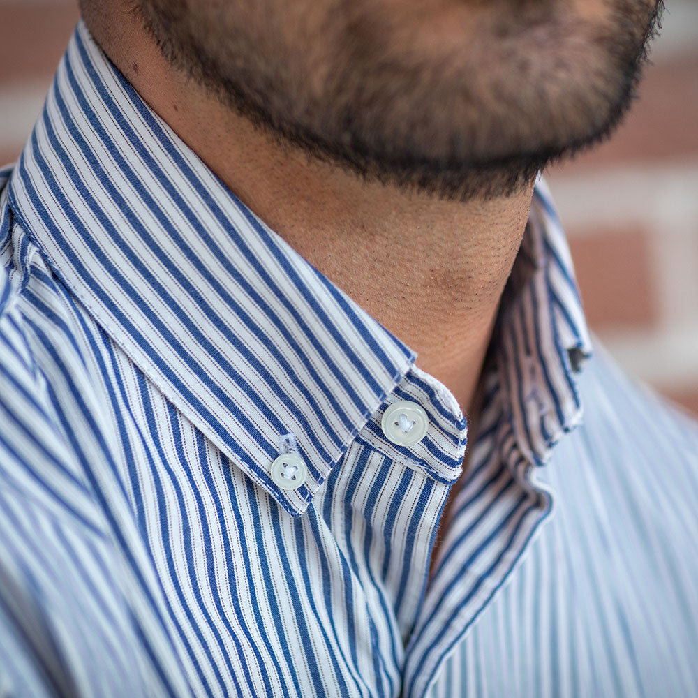 "KRAMDEN" - Indigo Blue & White Japanese Stripe Short Sleeve Shirt - Made In USA