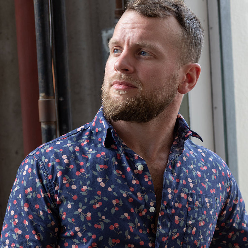 "JORDAN" - Blue & Red Cherry Print Short Sleeve Shirt - Made In USA