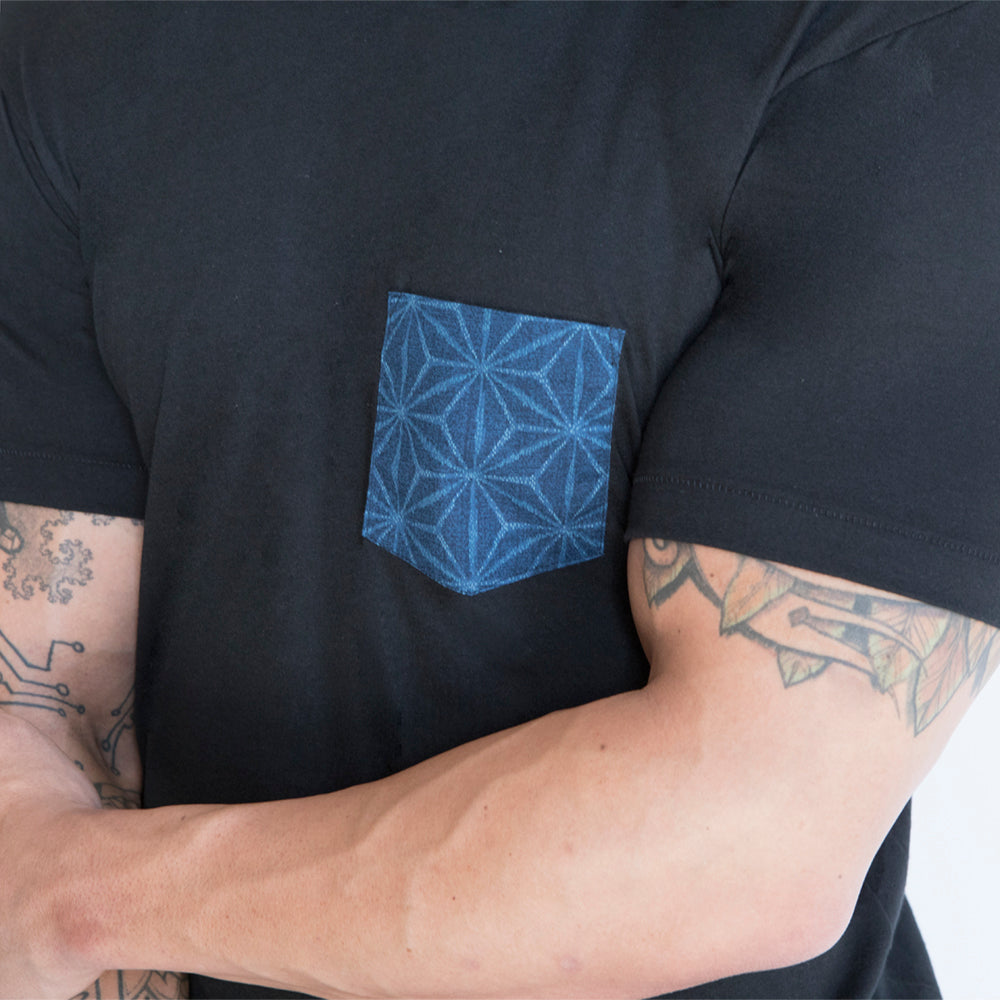 Black with Blue Japanese Starburst Print Pocket Tee - Made In USA