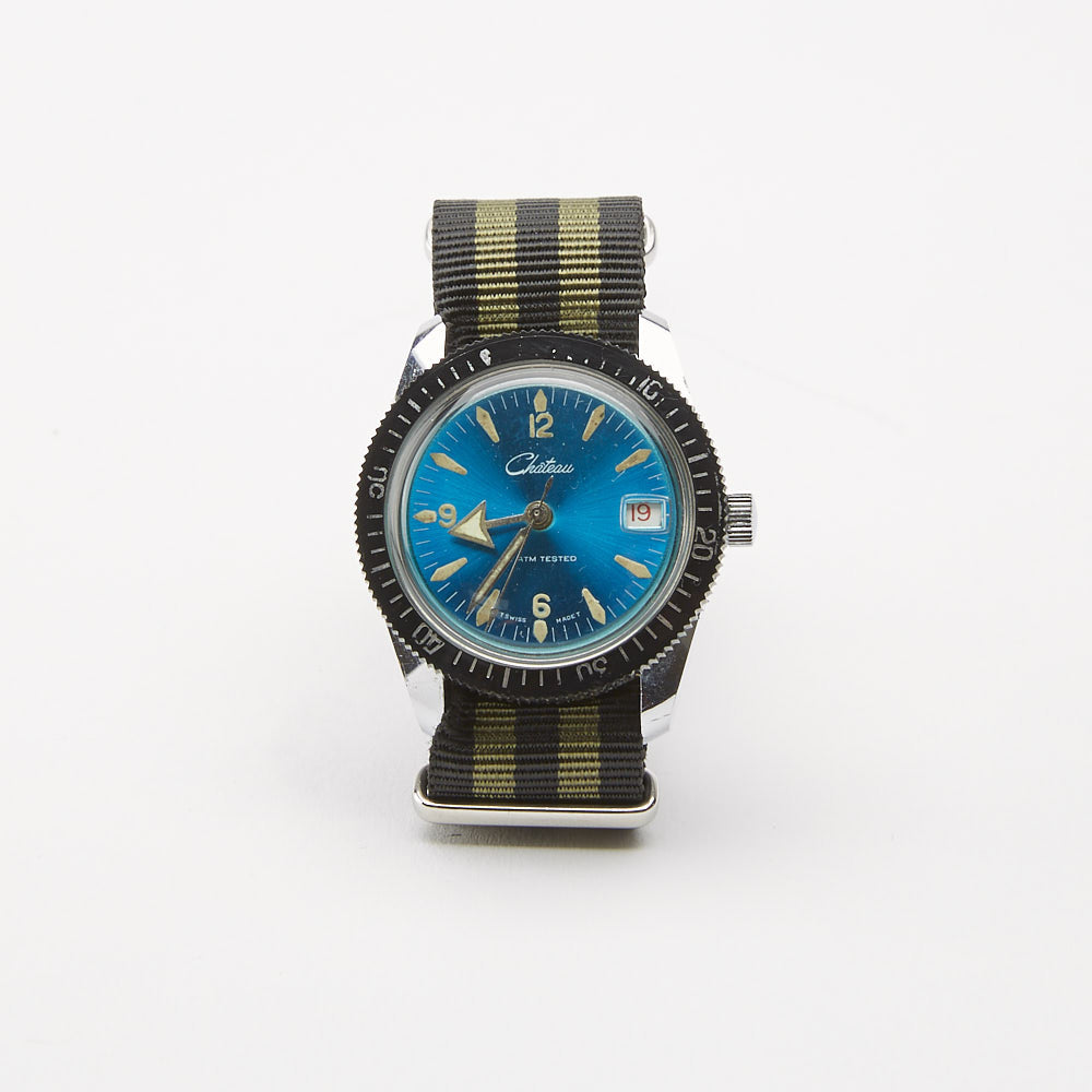 Vintage Blue Chateau Diver's Watch with Striped Military Band