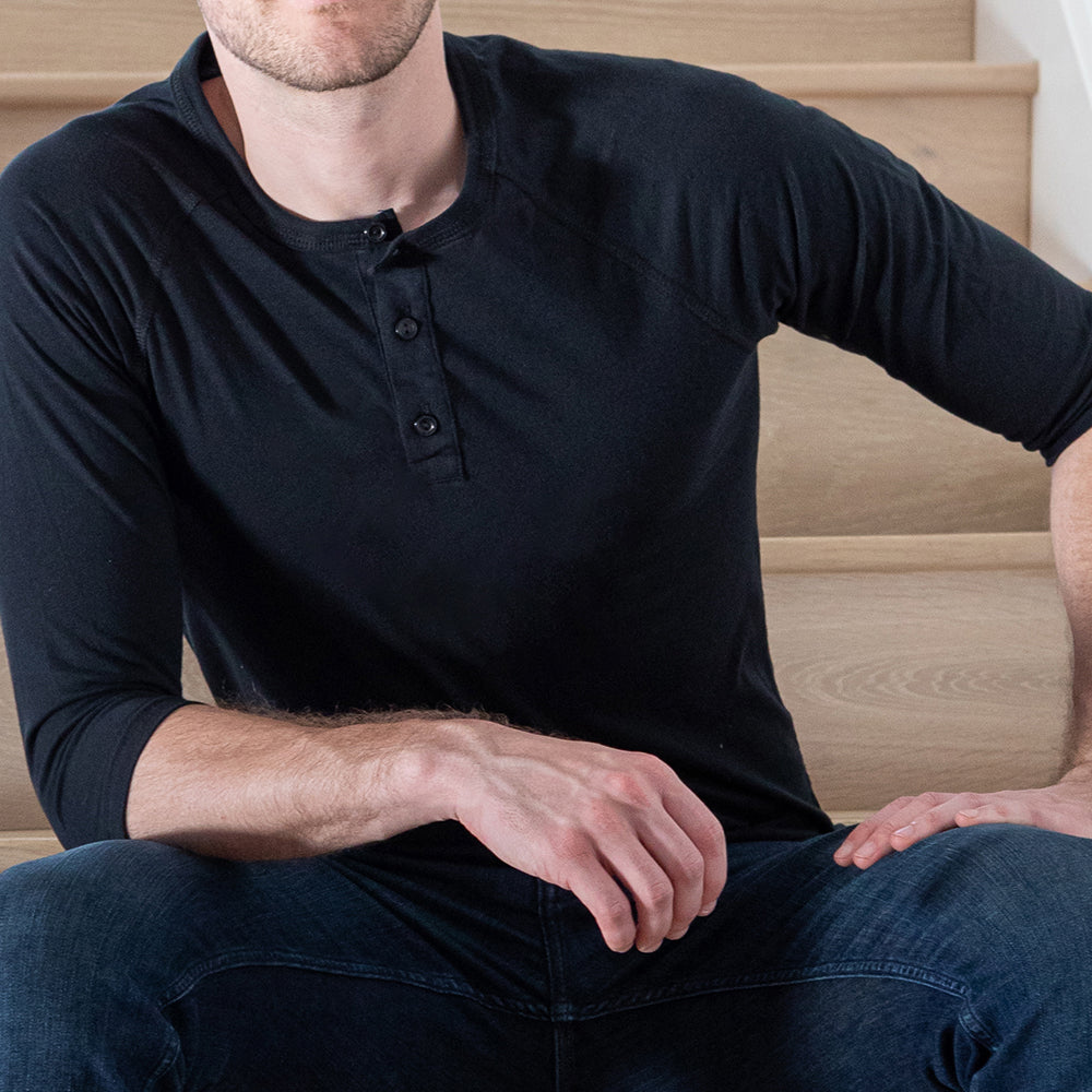 Solid Black Cotton 3/4 Raglan Sleeve Henley - Made in USA