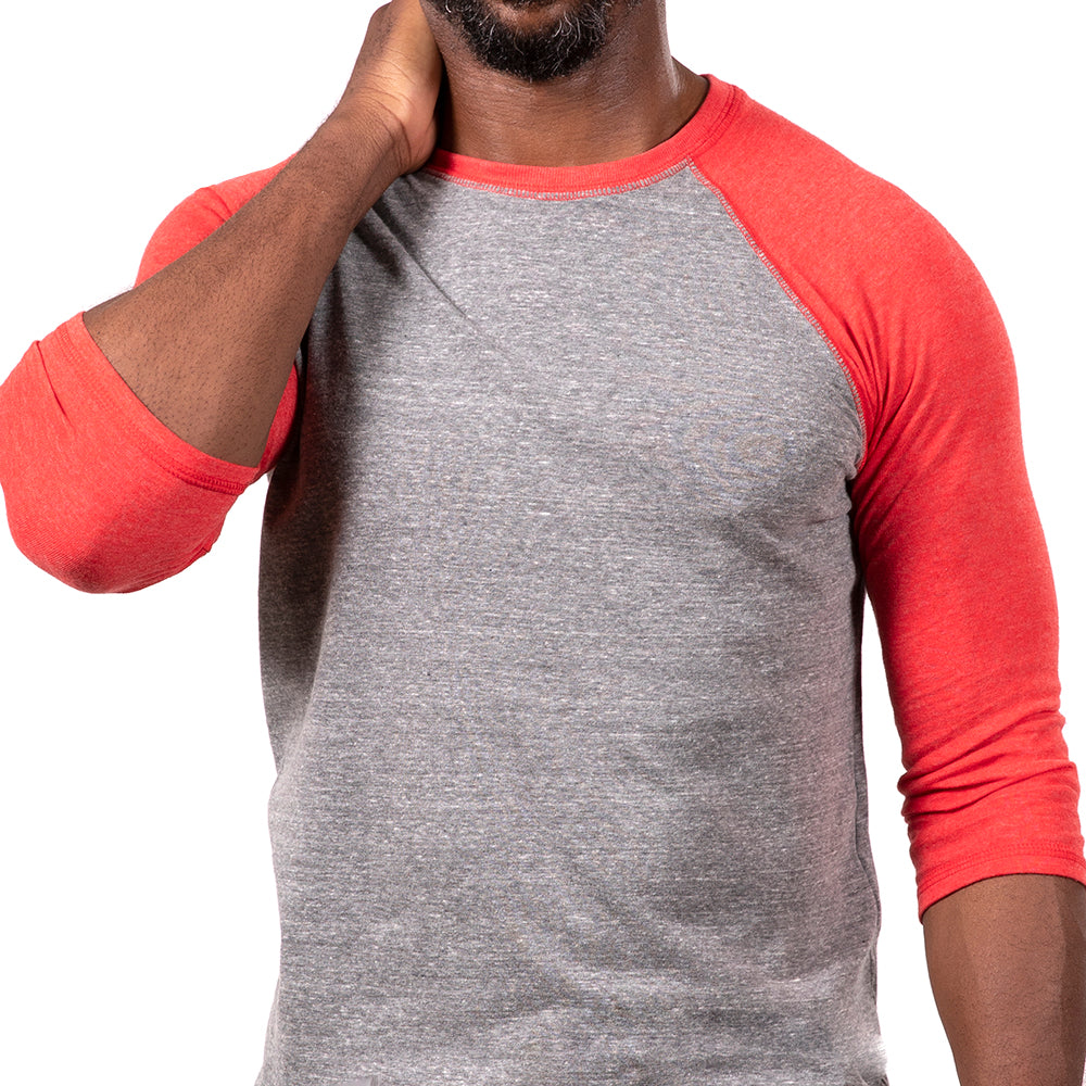 Grey Heather & Red 3/4 Raglan Sleeve Tri-Blend Baseball Tee - Made In USA