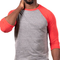 Grey Heather & Red 3/4 Raglan Sleeve Tri-Blend Baseball Tee - Made In USA