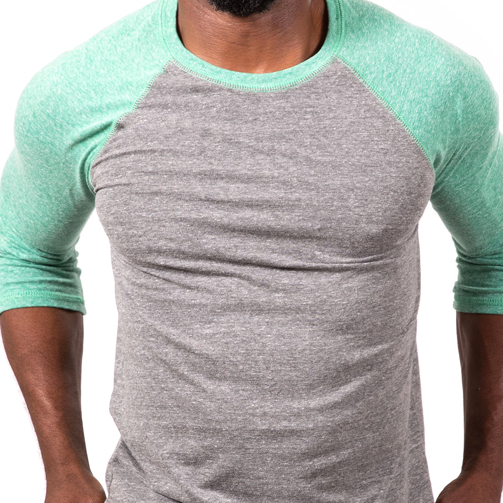 Green Heather &amp; Grey Heather 3/4 Raglan Sleeve Tri-Blend Baseball Tee