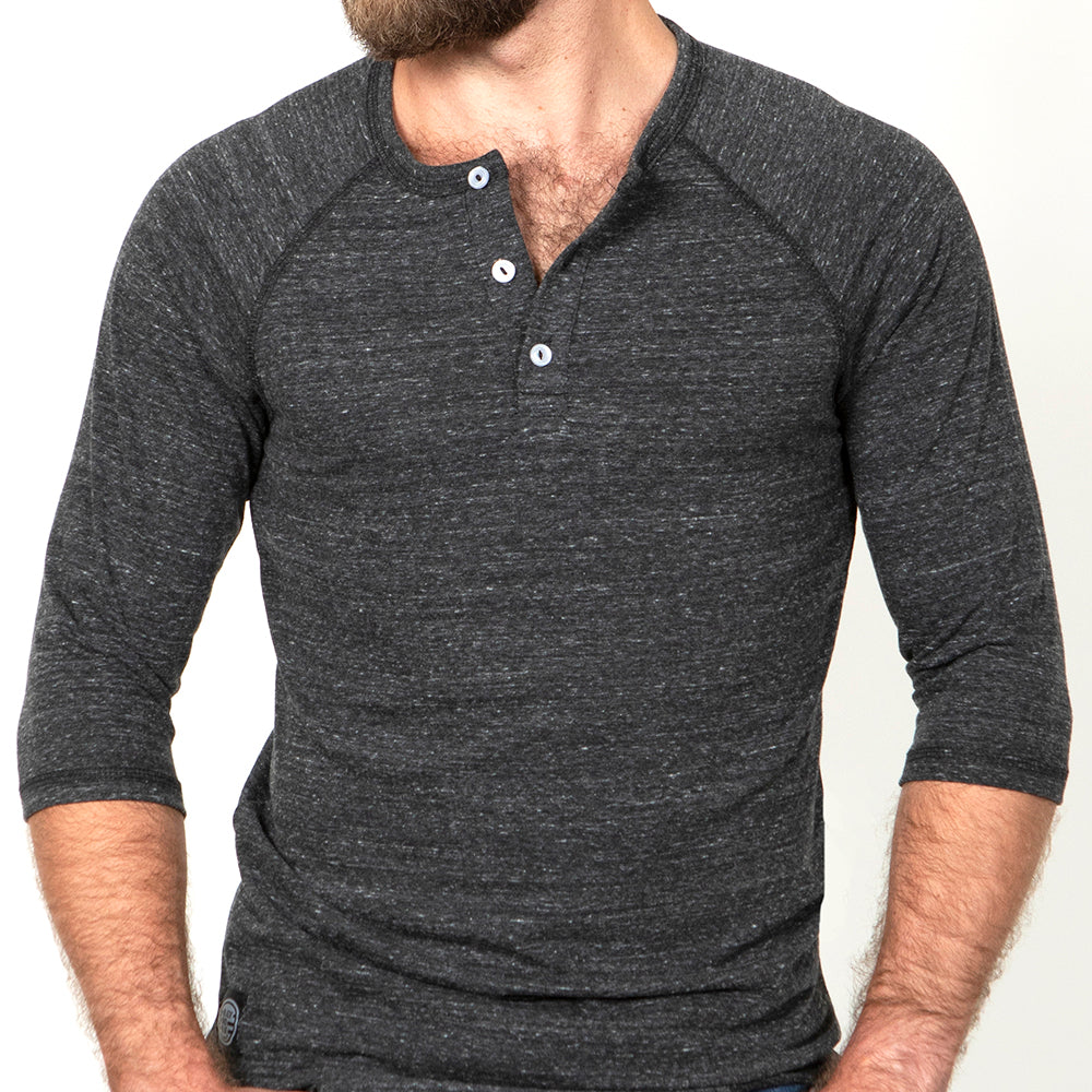 40% OFF AFTER CODE WOW25: Charcoal Grey Marled 3/4 Raglan Sleeve Henley - Made In USA