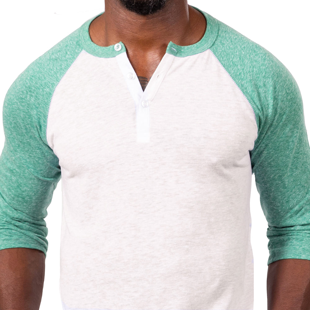 Green Heather &amp; White Contrast 3/4 Raglan Sleeve Tri-Blend Henley - Made In USA (Size XL Available)