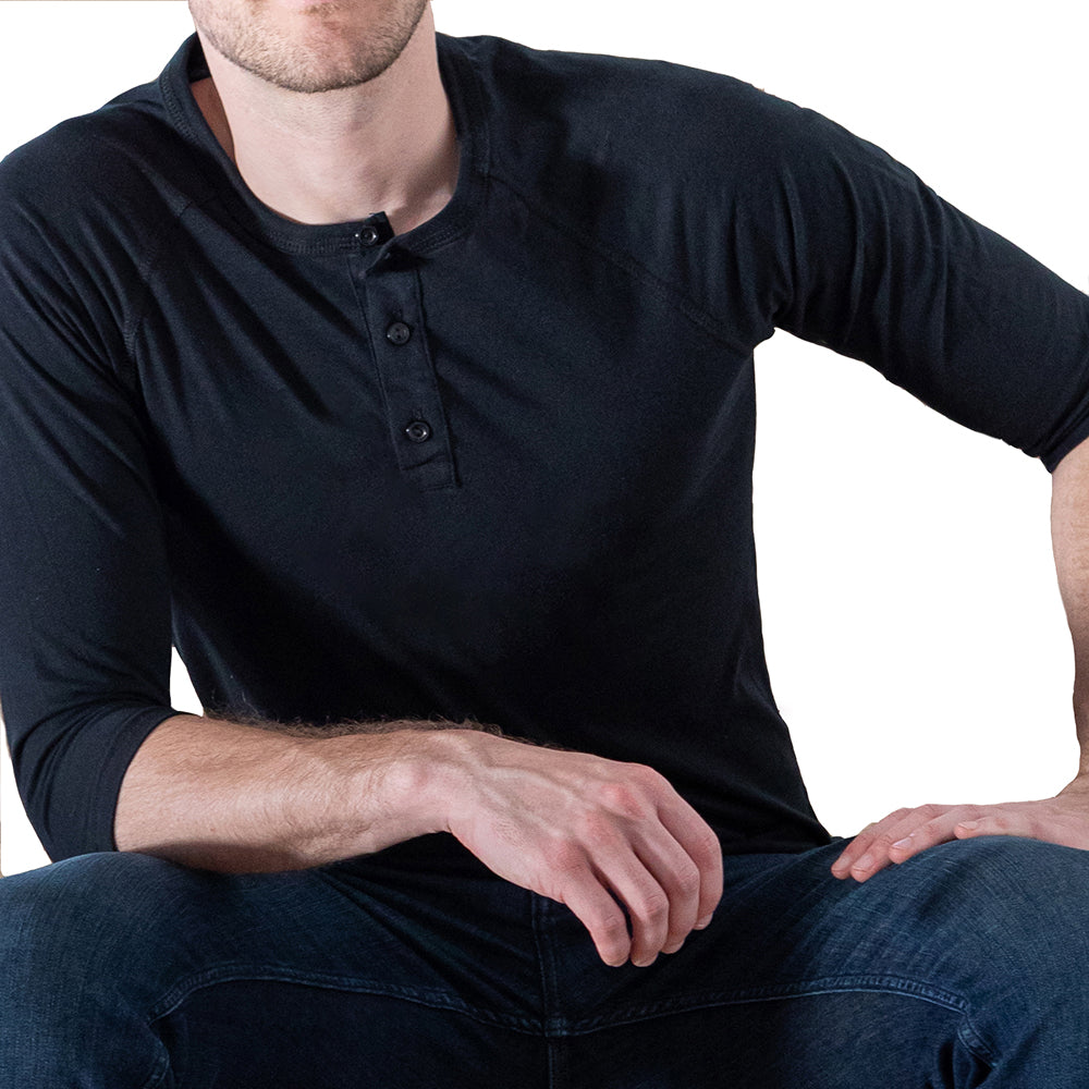 Solid Black Cotton 3/4 Raglan Sleeve Henley - Made in USA