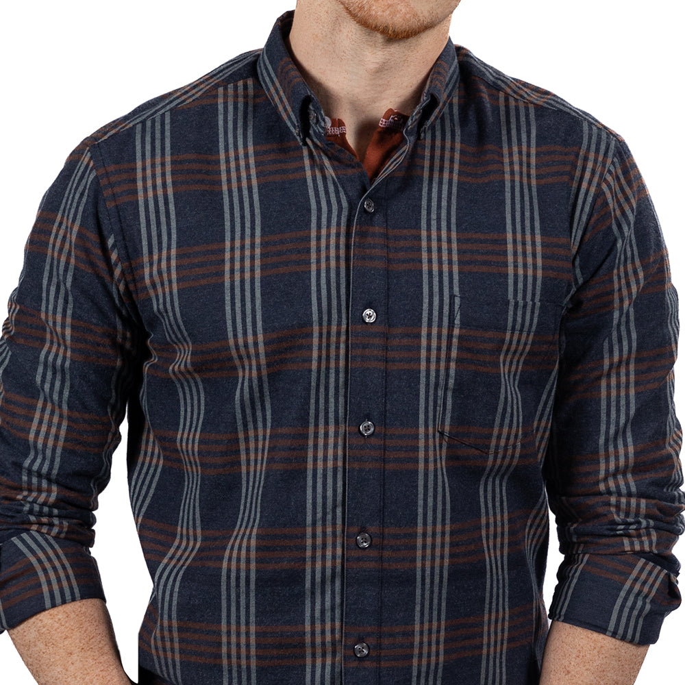 "SYLVESTER" - Navy Blue & Mocha Plaid Brushed Cotton Shirt - Made In USA