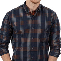 "SYLVESTER" - Navy Blue & Mocha Plaid Brushed Cotton Shirt - Made In USA