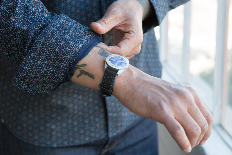 "CLARKSON" - Navy Blue Japanese Geometric Floral Print Shirt - Made In USA