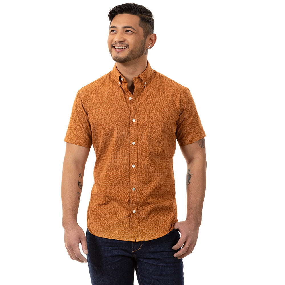 "MELVIN" - Orange Copper Wave Print Short Sleeve Shirt - Made In USA