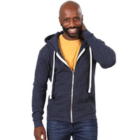 Navy Blue Marled Heather Full Zip Hooded Tri-Blend Fleece Sweatshirt - Made in USA