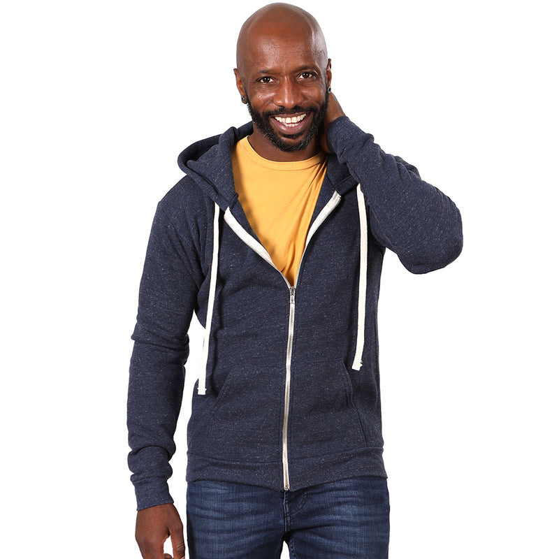 Navy Blue Marled Heather Full Zip Hooded Tri-Blend Fleece Sweatshirt - Made in USA