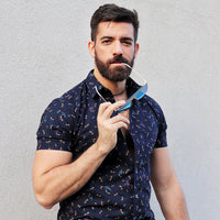 "PIERRE" - Navy Blue Japanese Dragonfly Print Short Sleeve Shirt - Made In USA