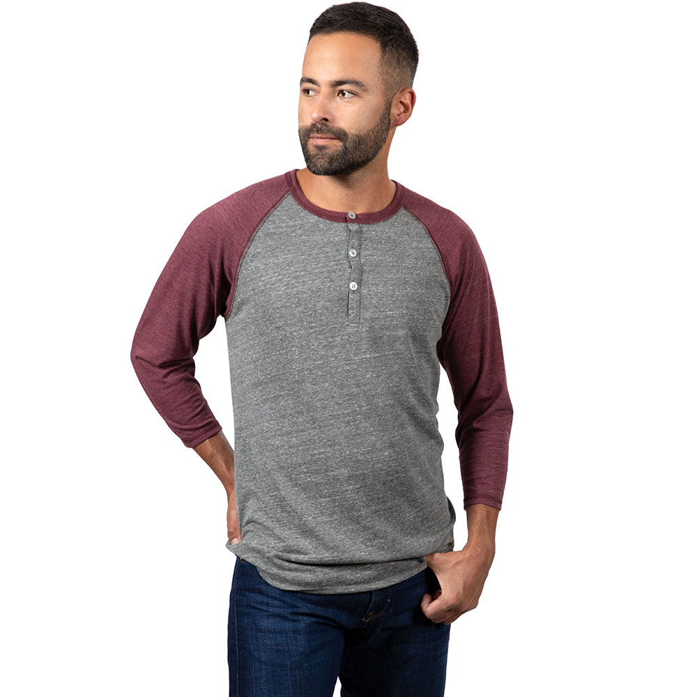 75% OFF AFTER CODE:WOW25 Burgundy & Heather Grey Contrast 3/4 Raglan Sleeve Tri-Blend Henley - Made In USA