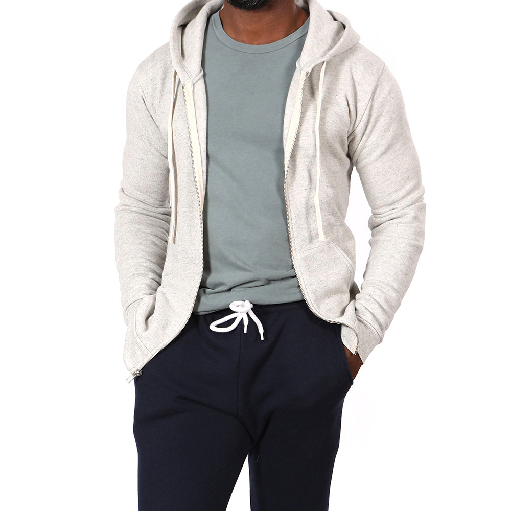 White Heather Salt & Pepper Full Zip Hooded Tri-Blend Fleece Sweatshirt - Made in USA
