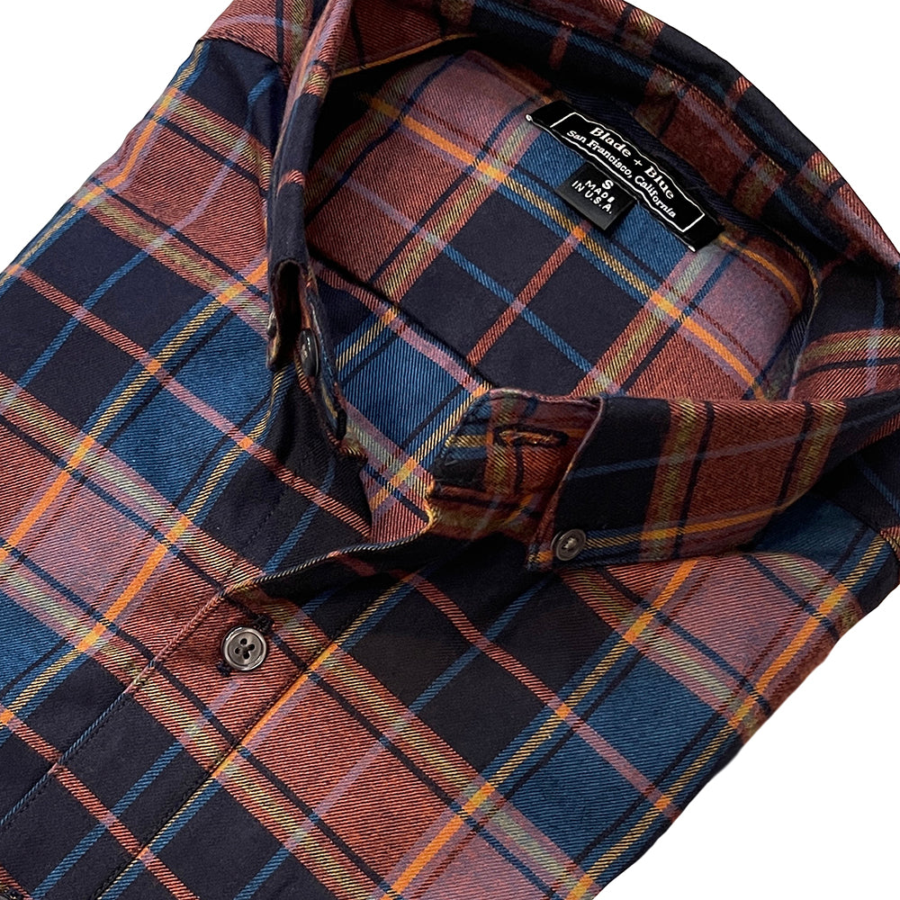 "TENNANT" - Blue, Burgundy & Copper Plaid Brushed Cotton Shirt - Made In USA