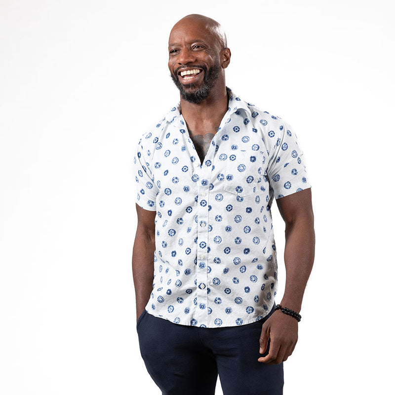 "TREVOR" - White & Blue Japanese Shibori Inspired Print Short Sleeve Shirt - Made In USA
