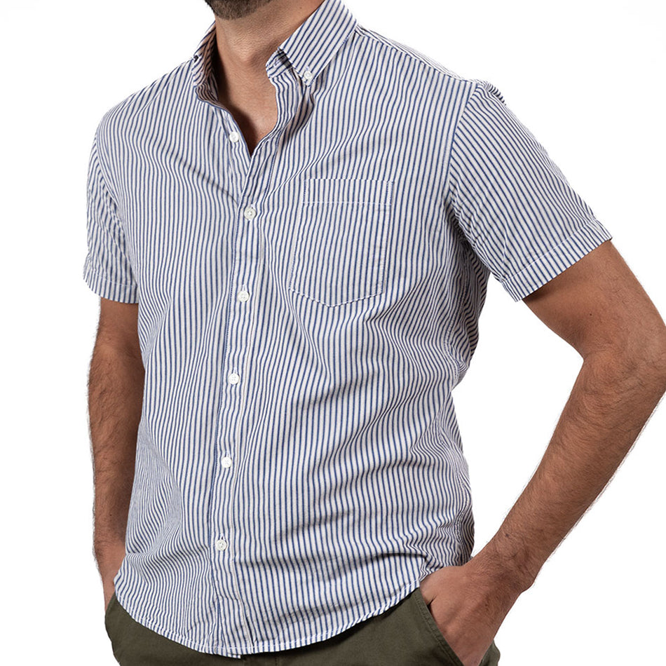 &quot;KRAMDEN&quot; - Indigo Blue &amp; White Japanese Stripe Short Sleeve Shirt - Made In USA