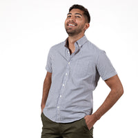 "KRAMDEN" - Indigo Blue & White Japanese Stripe Short Sleeve Shirt - Made In USA