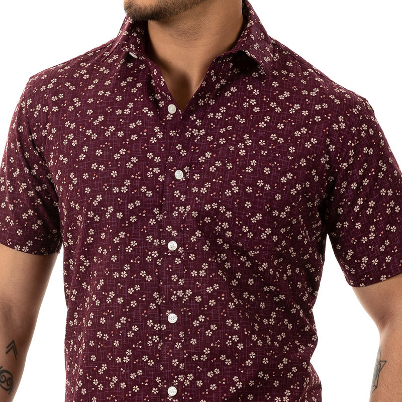 "JAMISON" Mulberry Purple Mini Japanese Traditional Floral Print Short Sleeve Shirt - Made In USA