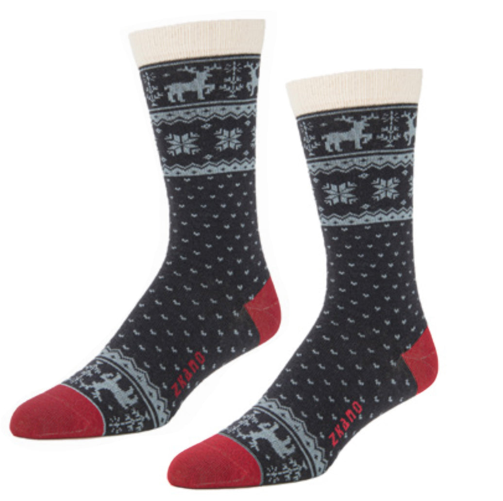 "Milton" - Black & Red Reindeer & Snowflake Pattern Socks - Made In USA