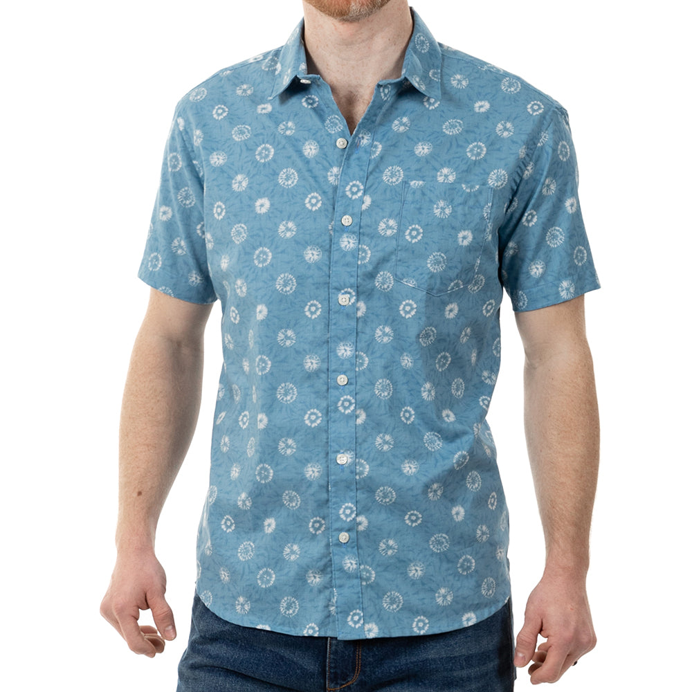 65% OFF AFTER CODE: WOW25: "CARTER" - Light Blue Japanese Shibori Inspired Print Short Sleeve Shirt - Made In USA