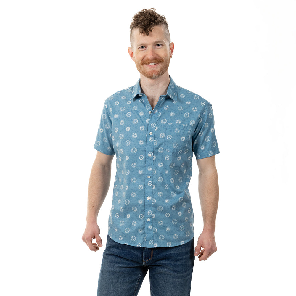 40% OFF AFTER CODE NEWFALL: "CARTER" - Light Blue Japanese Shibori Inspired Print Short Sleeve Shirt - Made In USA