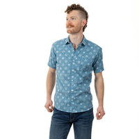 40% OFF AFTER CODE NEWFALL: "CARTER" - Light Blue Japanese Shibori Inspired Print Short Sleeve Shirt - Made In USA