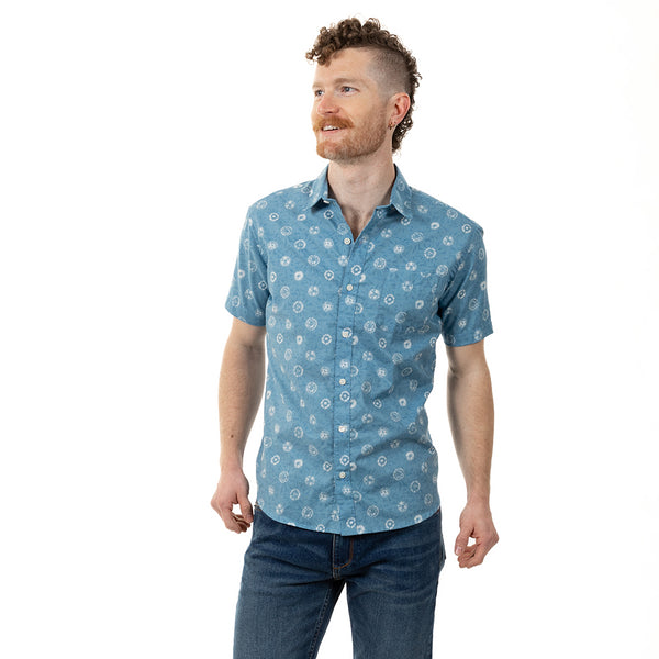 60% OFF AFTER CODE NEWFALL: "CARTER" - Light Blue Japanese Shibori Inspired Print Short Sleeve Shirt - Made In USA