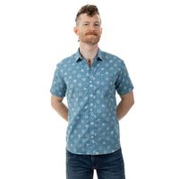 40% OFF AFTER CODE NEWFALL: "CARTER" - Light Blue Japanese Shibori Inspired Print Short Sleeve Shirt - Made In USA