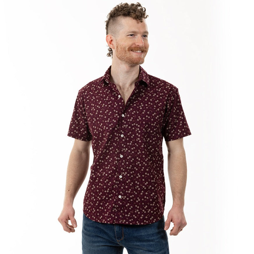 "JAMISON" Mulberry Purple Mini Japanese Traditional Floral Print Short Sleeve Shirt - Made In USA