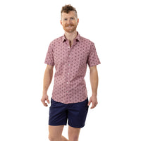 "KNIGHT" - Pink Traditional Japanese Geometric Floral Print Short Sleeve Shirt - Made in USA