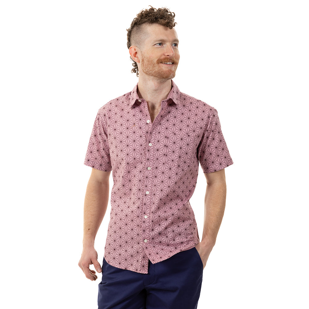 "KNIGHT" - Pink Traditional Japanese Geometric Floral Print Short Sleeve Shirt - Made in USA