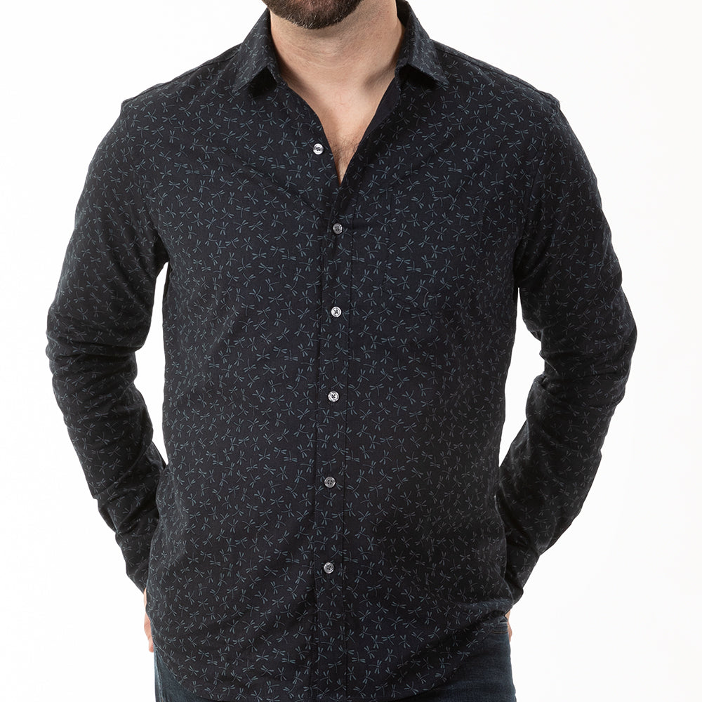 "GOODEN" - Tonal Navy Japanese Dragonfly Print Long Sleeve Shirt - Made In USA
