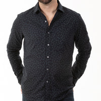 "GOODEN" - Tonal Navy Japanese Dragonfly Print Long Sleeve Shirt - Made In USA