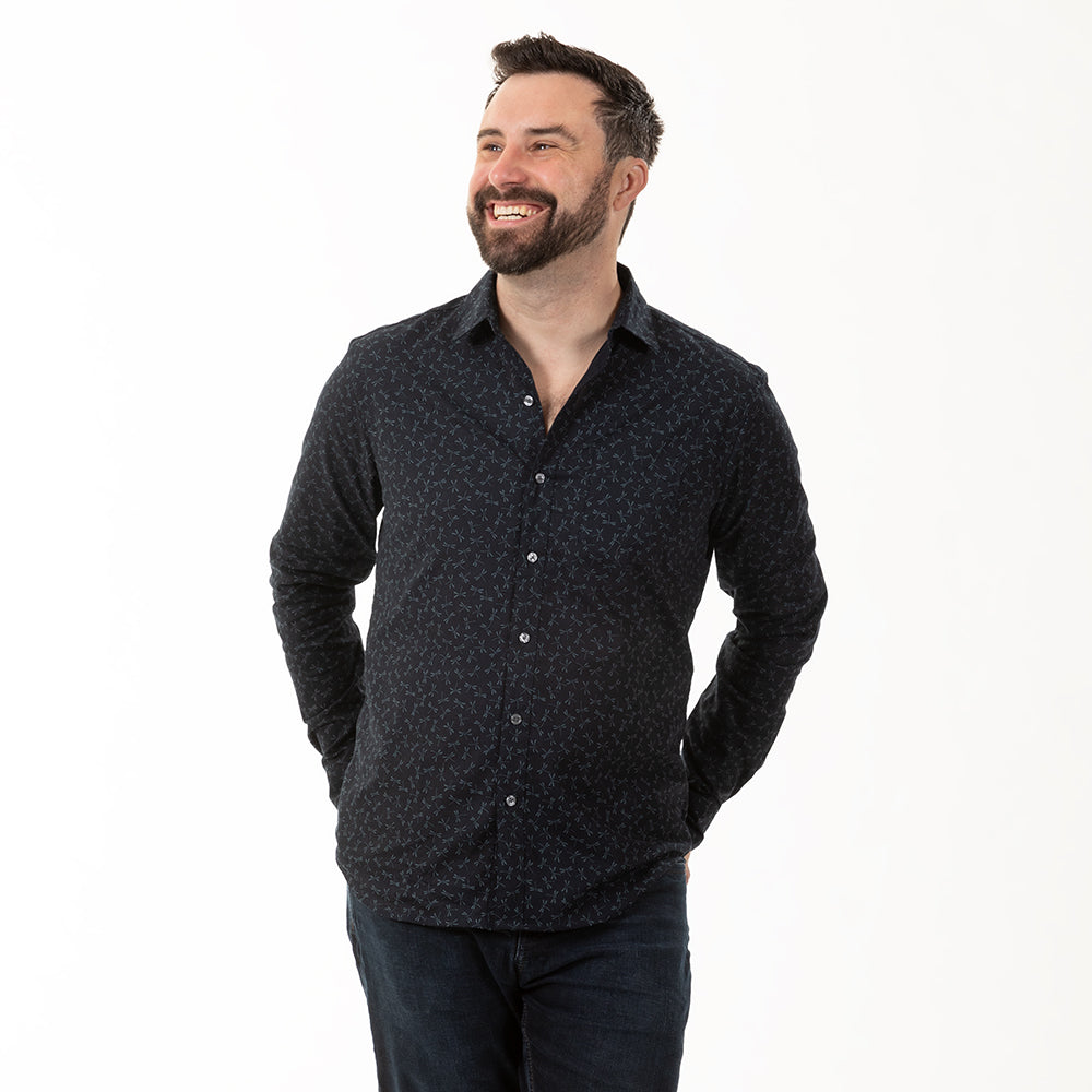 "GOODEN" - Tonal Navy Japanese Dragonfly Print Long Sleeve Shirt - Made In USA